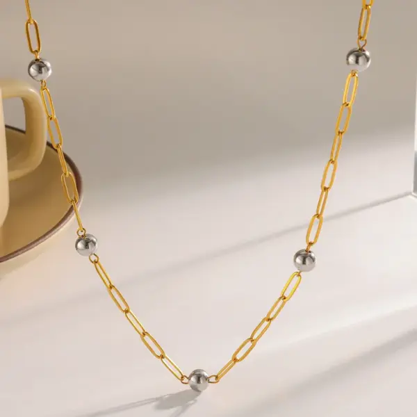 Vacuum Electroplating (In Furnace) Plated 18K Real Gold 201 Stainless Steel 303 Stainless Steel Round Beaded Chain Paper Clip Chain Lobster Clasp Necklace