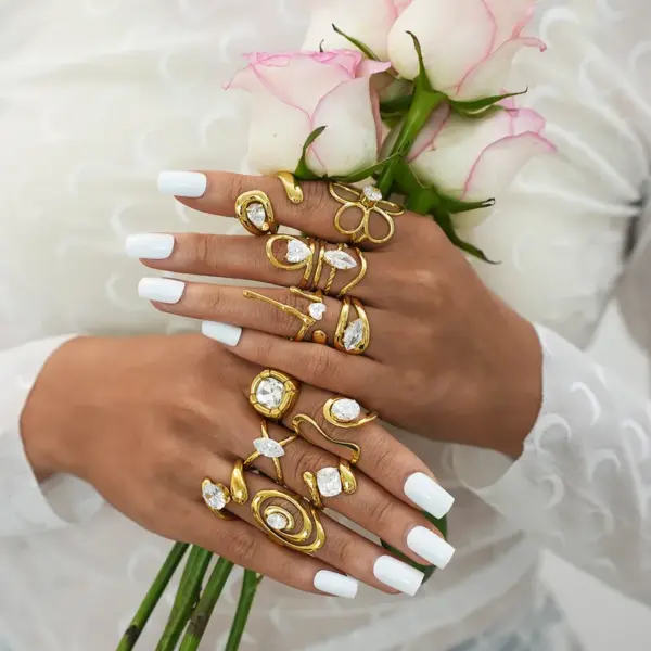Wholesale 304 Stainless Steel 18K Gold Plated Women Stainless Steel Zircon Geometric Open Ring Women Jewelry Accessories Holiday Gifts
