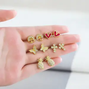 Wholesale 1 Pair Cute Sweet Heart Shape Pineapple Butterfly Plating Inlay Copper Zircon 18k Gold Plated Ear Studs