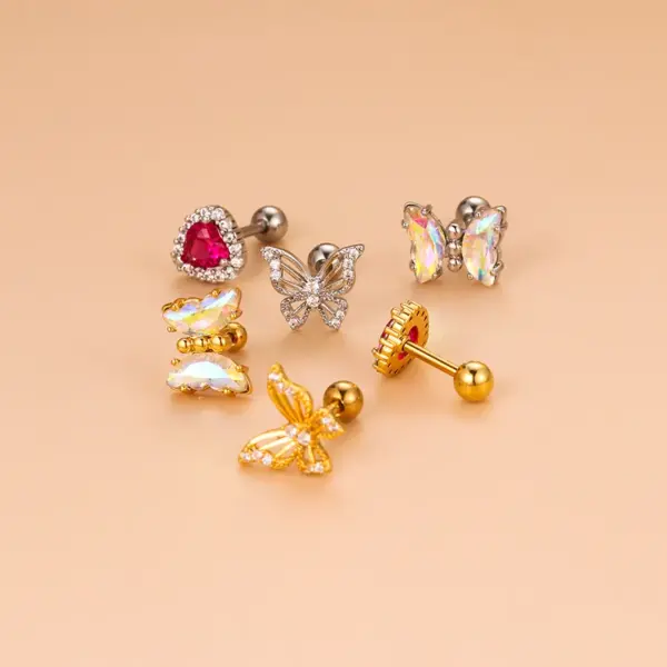1 Piece 316L Stainless Steel Copper Zircon Ear Cartilage Rings & Studs Heart Shape Butterfly Waterproof Non Tarnish Surgical Steel