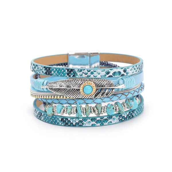 oly-3c63587dc6cde8b70caaf79b17be7abd Wholesale Bohemian style gravel feather leather women's bracelet creative vintage feather turquoise magnet buckle bracelet