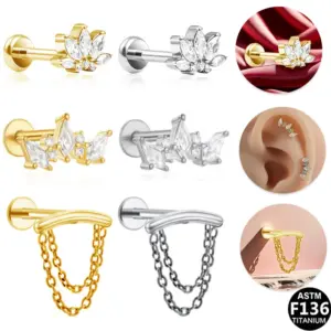 Wholesale 1 Piece Ear Cartilage Rings & Studs Simple Style Commute Geometric Pure Titanium Alloy Zircon Vacuum Plating 14K Gold Plated White Lip