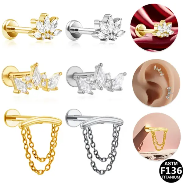 Wholesale 1 Piece Ear Cartilage Rings & Studs Simple Style Commute Geometric Pure Titanium Alloy Zircon Vacuum Plating 14K Gold Plated White Lip