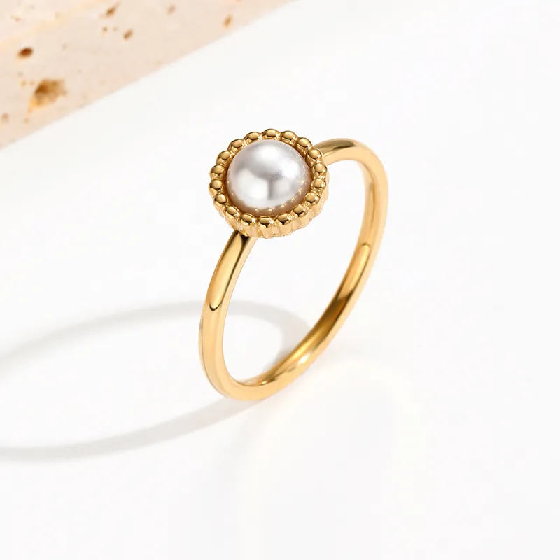 Wholesale PVD Coated Real Gold Plated 14K Gold Round 304 Stainless Steel Korean Style Waterproof Non Tarnish Rings