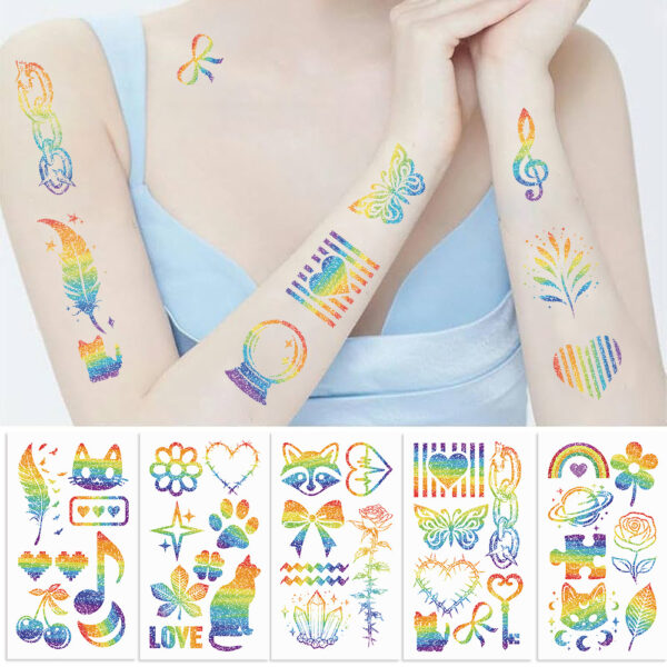 Wholesale New Cartoon Colorful Rainbow Series Glitter Tattoo Stickers Waterproof Party Party Gift Funny Fun Face Stickers
