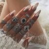 Wholesale Vintage carved sun feather cross black gemstone ring set