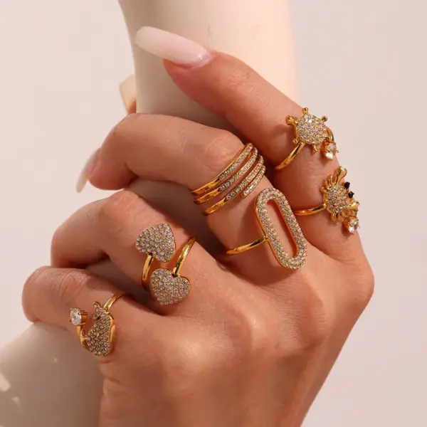 304 Stainless Steel Heart Shape Crab Whale PVD Coated Zircon Real Gold Plated Elegant Beach Shiny Waterproof Non Tarnish Plating Inlay Rings