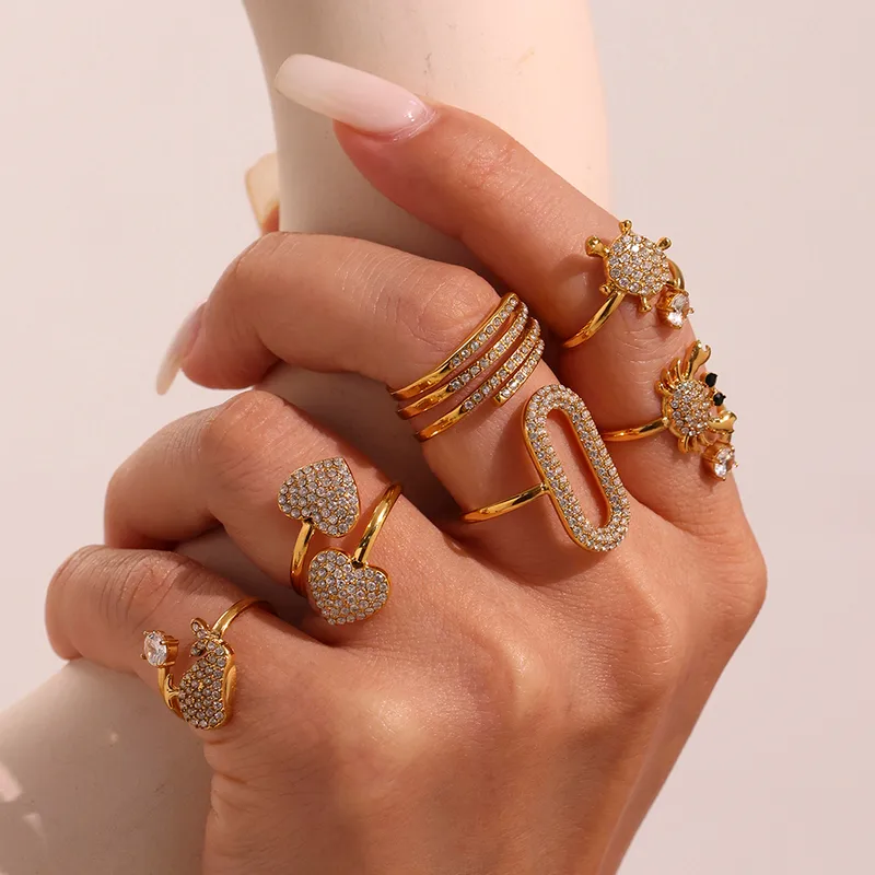 Wholesale 304 Stainless Steel Heart Shape Crab Whale PVD Coated Zircon Real Gold Plated Elegant Beach Shiny Waterproof Non Tarnish Plating Inlay Rings