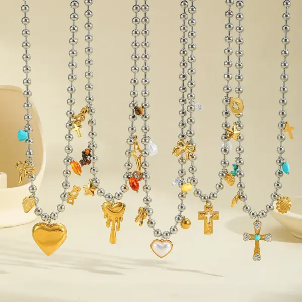 Ion Plating (IP) 18K Gold Plated Cross Heart Shape Eye 304 Stainless Steel Elegant Cute Artistic Multi Charms Necklace