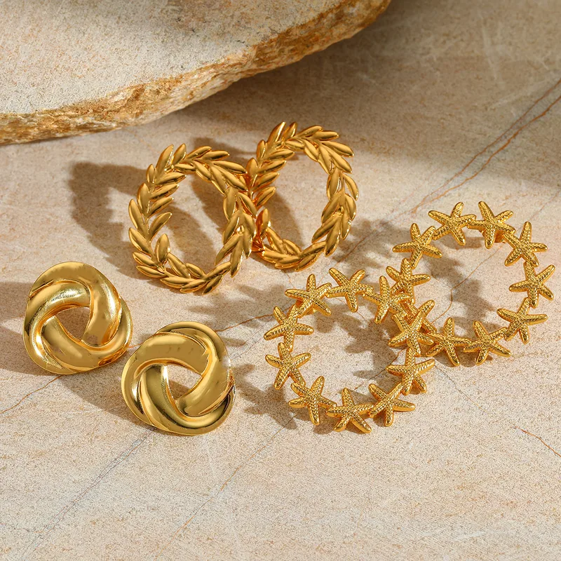 Wholesale 304 Stainless Steel 18K Gold Plated Geometric Leaves Starfish Ear Studs for Women Casual Basic Style