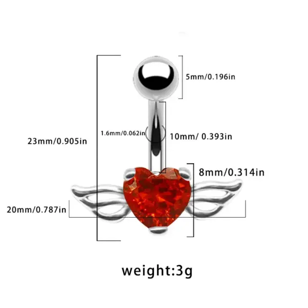 Wholesale 1 Piece Belly Rings Casual Simple Style Heart Shape Wings 316L Stainless Steel Alloy Waterproof Non Tarnish Surgical Steel Zircon Plated Gold Plated Silver Plated