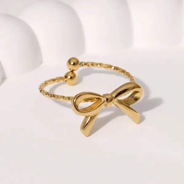Wholesale Fashionable Small Exquisite Cute Sweet Design Open Stainless Steel Ring Bowknot Flower Shape Gold-plated Non-fading Ring Suitable For Daily Casual Dating