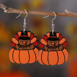 Wholesale Cross-Border New Autumn Harvest Thanksgiving Turkey Pumpkin Funny Pendant Earrings Wooden Double-Sided Earrings Gift