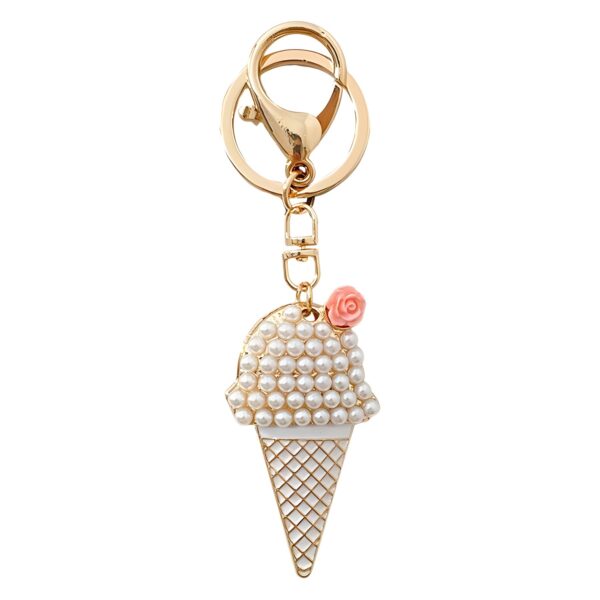 Wholesale New Creative Korean Style Pearl Ice Cream Car Keychain Women's Bag Pendant Metal Key Chain Ring Diamond Gift