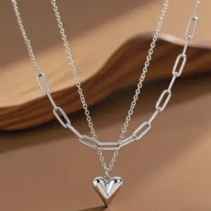 X01148-Double Layer Heart Necklace-Steel Color