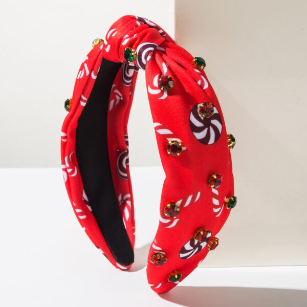 Wholesale Christmas headband, windmill cane print, rhinestone-studded Christmas hair aessory for women