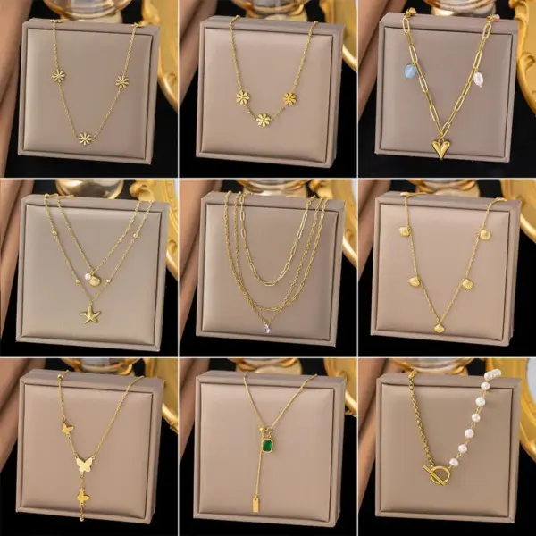 PVD Coated Real Gold Plated Leaf Heart Shape Bow Knot Titanium Steel Simple Style Waterproof Non Tarnish Titanium Steel Lobster Trigger Clasp Closure Pendant Necklace