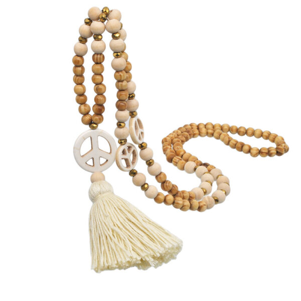 Wholesale Amazon European and American Cross Border Wooden Beaded Tassel Necklace Women's Handmade Bohemian Peace Symbol Pendant Woolen Chain