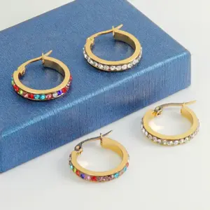 Wholesale 1 Pair Lady Geometric Inlay Titanium Steel Rhinestones 18k Gold Plated Hoop Earrings
