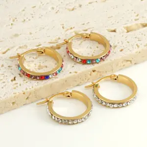 Wholesale 1 Pair Fashion Geometric Inlay Titanium Steel Rhinestones Hoop Earrings