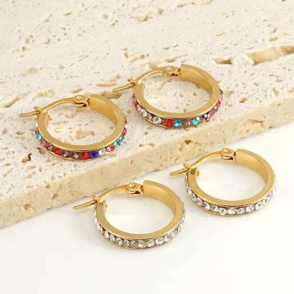 Wholesale 1 Pair Fashion Geometric Inlay Titanium Steel Rhinestones Hoop Earrings
