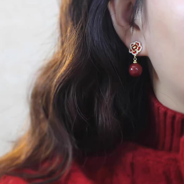 oly-3d6efe7ddefd0f4bc845135eaa5a9637 Wholesale Red Rose Pearl Earrings Women's Light Luxury High-end Autumn and Winter Elegant Sier Long Earrings Year Earrings
