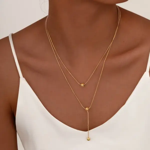 Wholesale PVD Coated Real Gold Plated 18K Gold Solid Color 201 Stainless Steel Elegant Streetwear IG Style Waterproof Non Tarnish 201 Stainless Steel Double Layer Necklaces