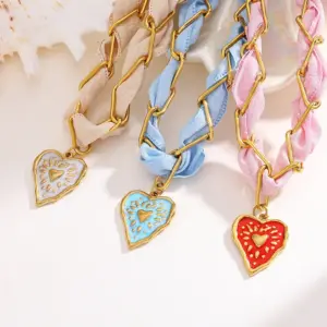 Wholesale Casual Elegant Classical Heart Shape 18K Gold Plated Vacuum Plating 304 Stainless Steel Bandana Polyester Silk Scarf Cord Paperclip Chain Cloth Strip Lobster Trigger Clasp Closure Pendant Necklaces Wholesale