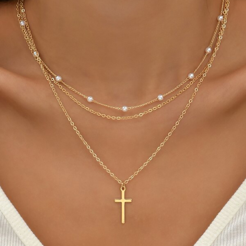 Wholesale Europe and the United States cross-border new artificial Pearl clavicle chain creative cross pendant necklace retro Multilayer Stacked neckl