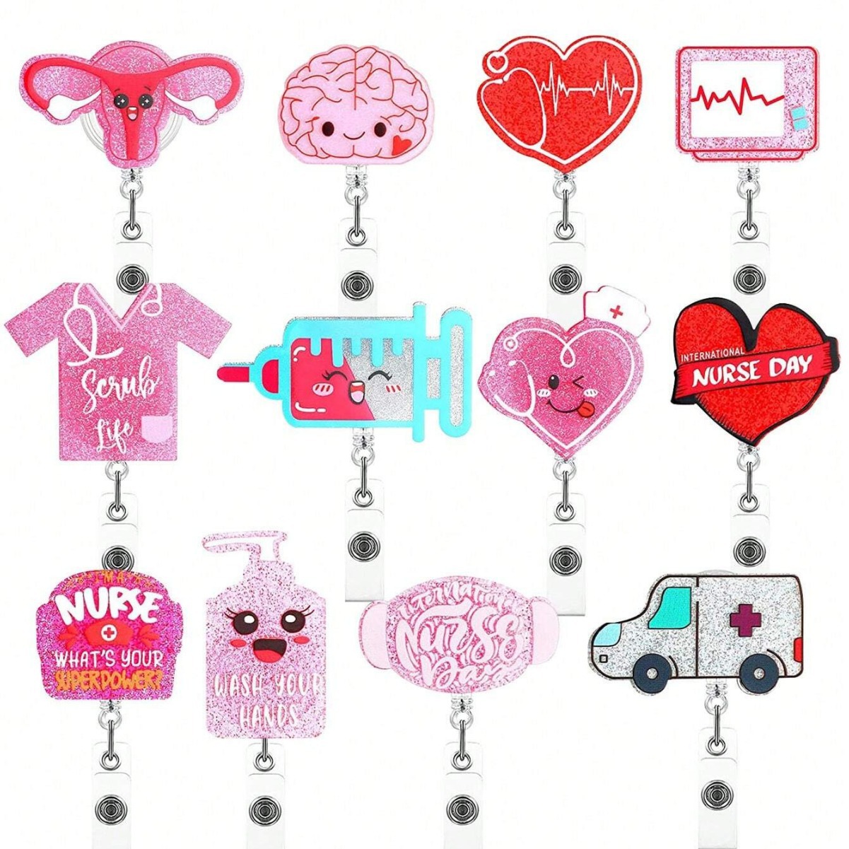 Wholesale Acrylic Uterus Love Clothes Needle Mask Easy Pull Buckle Easy Pull Doctor Nurse Retractable Badge Reel
