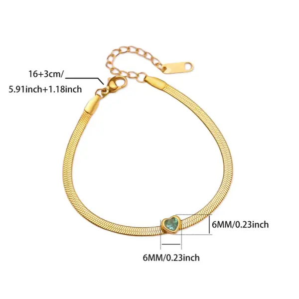 Versatile Heart Shaped Birthday Stone Flat Snake Chain Bracelet 18K Gold Plated Snake Skin Minimalist Creative INS Style Women's Bracelet