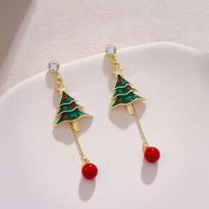 Silver needle: white diamond earrings + green christmas tree + red bead tassel earrings