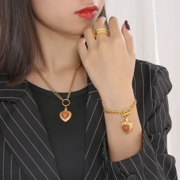 Wholesale Fashion Heart Shape Stainless Steel Inlay Opal Bracelets Necklace