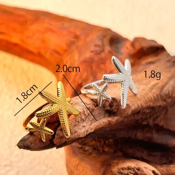 PVD Coated Real Gold Plated 18K Gold Starfish 304 Stainless Steel Retro Waterproof Non Tarnish Open Rings