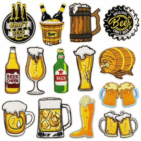 Wholesale New cartoon beer mug embroidered fabric patch, in stock, decorative badge, label, computer embroidery, iron-on patch.