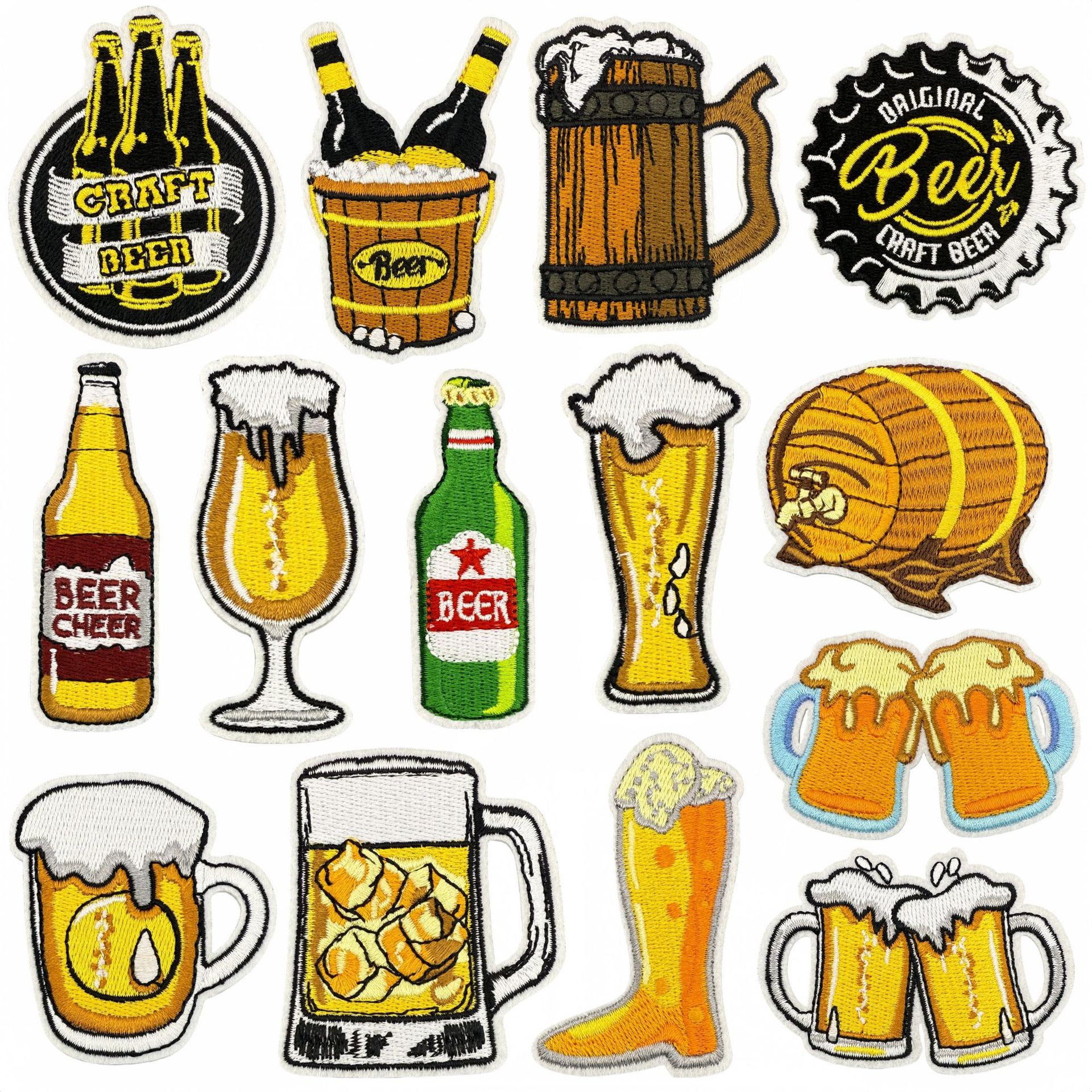 Wholesale New cartoon beer mug embroidered fabric patch, in stock, decorative badge, label, computer embroidery, iron-on patch.