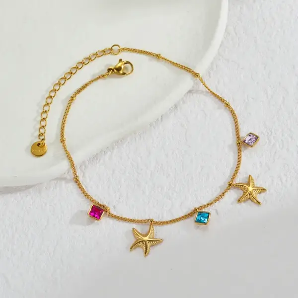 Wholesale 304 Stainless Steel Geometric PVD Coated Rhinestones 18K Real Gold Plated Princess Cute Artistic Waterproof Non Tarnish Inlay Anklet