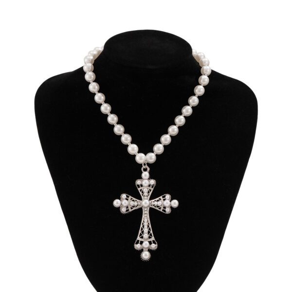 Wholesale European and American Cross-border Cyberpunk Cross Necklace Dark Exaggerated Micro-inlaid Imitation Pearl Multi-layered Stacked Jewelry