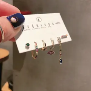 E1317 Silver Needle + Copper Ring -- 6-Piece Set Colorful Zircon Lip Stamp 6-Piece Set Colorful Crystal Heart Zircon