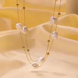 H1072【Irregular Pearl Necklace Gold】