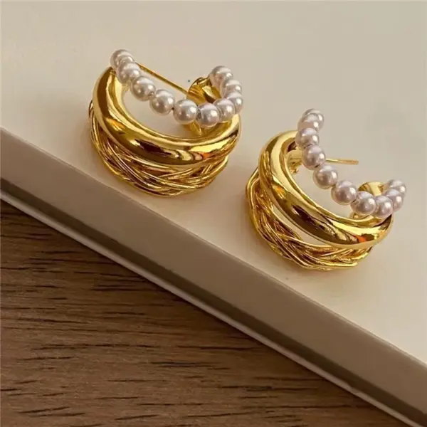Wholesale 1 Pair Lady C Shape Plating Inlay Copper Artificial Pearls Ear Studs
