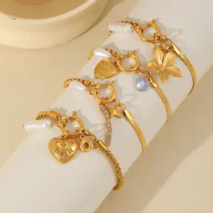 Casual Elegant Cute Cross Heart Shape Flower 304 Stainless Steel 18K Gold Plated Imitation Pearl Zircon Cable Chain Snake Chain Bracelets In Bulk