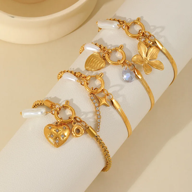 Wholesale Casual Elegant Cute Cross Heart Shape Flower 304 Stainless Steel 18K Gold Plated Imitation Pearl Zircon Cable Chain Snake Chain Bracelets In Bulk