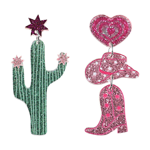 Wholesale Cross-border New Western Style Cactus Denim Hat Boots Sequin Acrylic Pendant Earrings Asymmetric Earrings