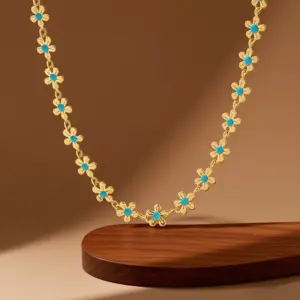 X0172-Blue Flower-Necklace- Gold