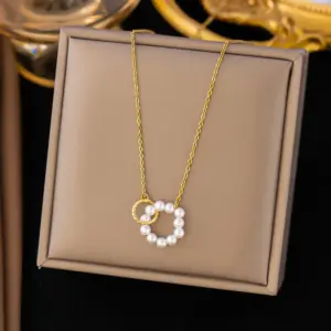 H6052 Necklace Gold Pearl Double Ring