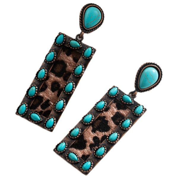 Wholesale European and American Exaggerated Earrings Women's Retro Oval Turquoise Hollow Geometric Leopard Leather Earrings Foreign Trade Jewelry