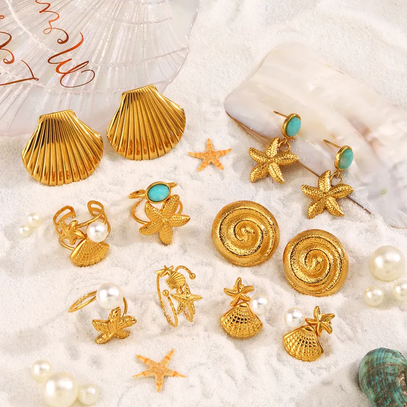 Wholesale Ion Plating (IP) 18K Gold Plated Starfish Shell 304 Stainless Steel Beach Waterproof Non Tarnish Rings Earrings