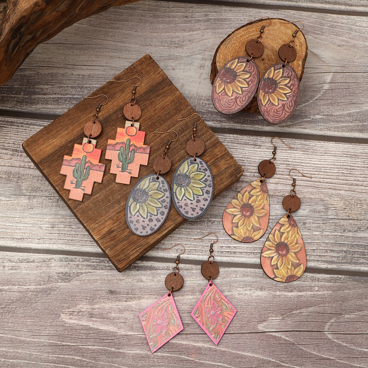 Wholesale Western style cactus suower earrings wooden earrings