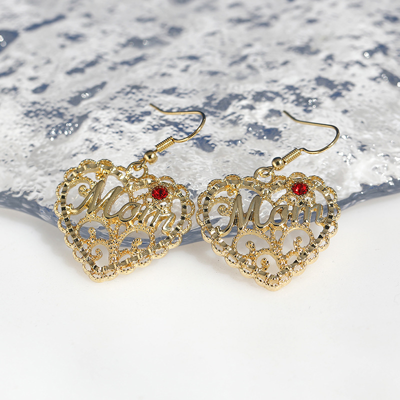 Wholesale Hollow Love Earrings MOM Pendant Red Set Gemstone Fashion Elegant Sweet Earrings Mother's Day Gift